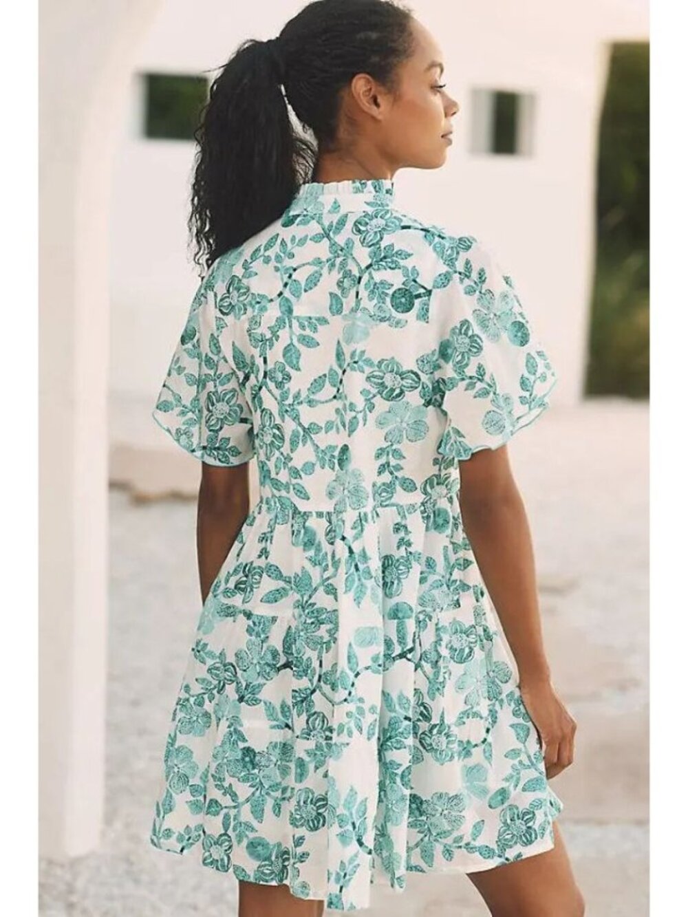 RO'S GARDEN Vibeka Pleated Mini Dress Shirt Sleeves Women's Size M Turquoise - Picture 2 of 3